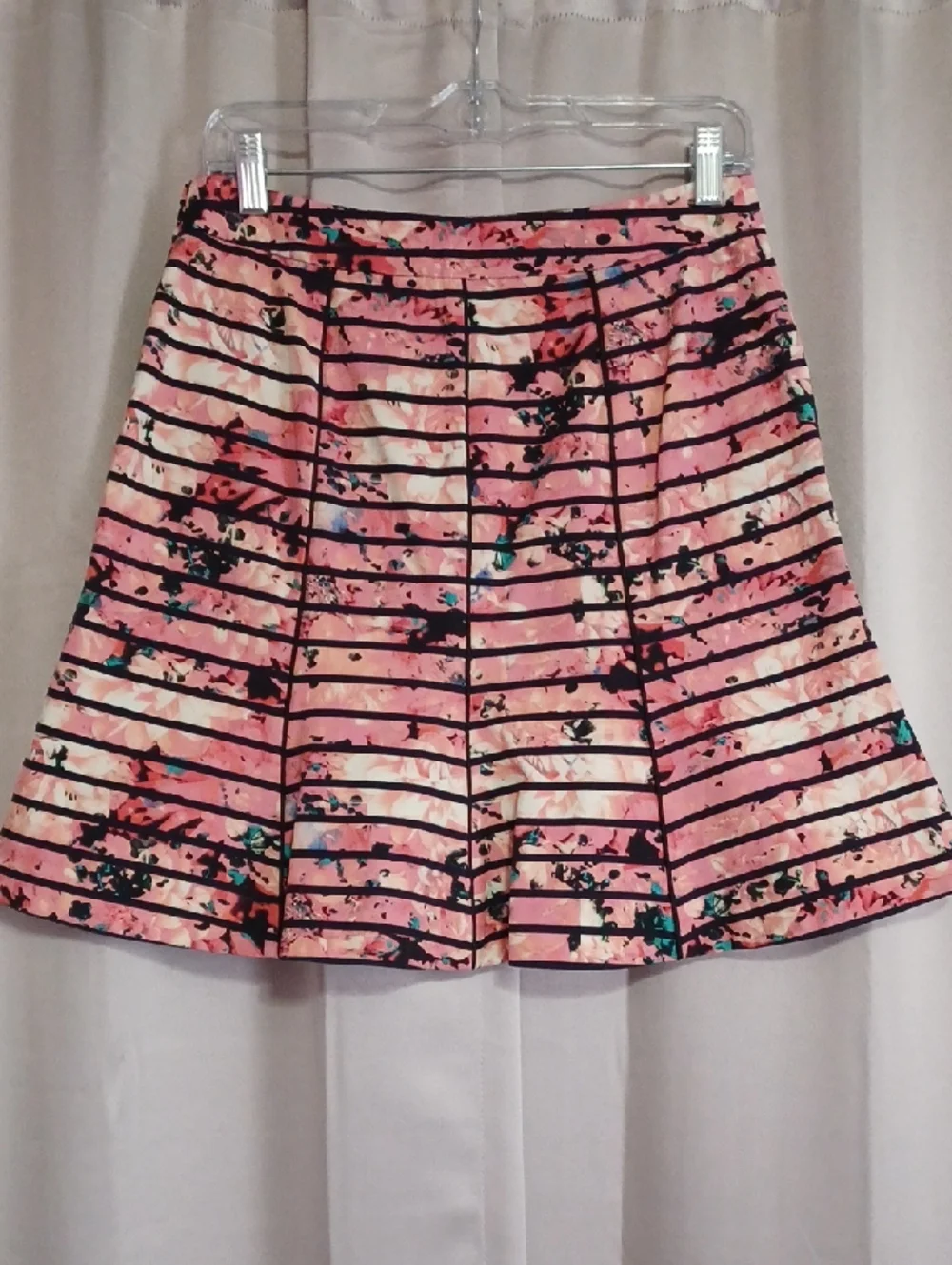 Banana Republic Pink Floral Striped Fit&Flare Skater Skirt Pink Black Pockets